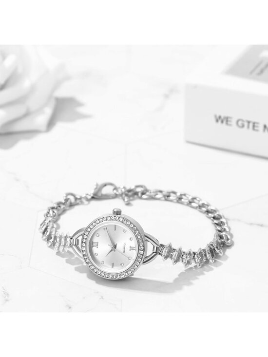 Women\'s Silver Analog Quartz Elegant Slim Strap Rhinestones Bracelet Wrist Watch main image 5